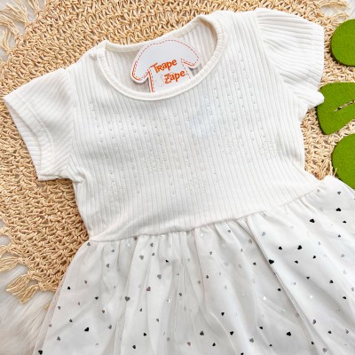  Vestido Manga Curta com Tule de Corações - Off White 